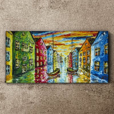 Vászonkép Színes sorházak a folyó mellett