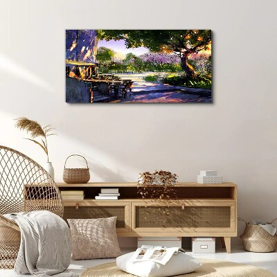 Vászonkép Tavaszi táj virágzó fákkal