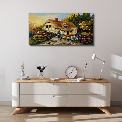 Vászonkép Bájos vidéki házikó virágokban