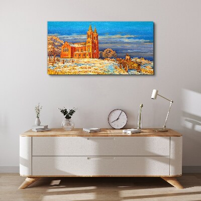 Vászonkép Téli táj templommal