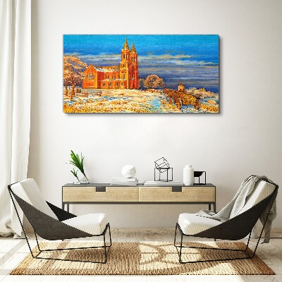 Vászonkép Téli táj templommal