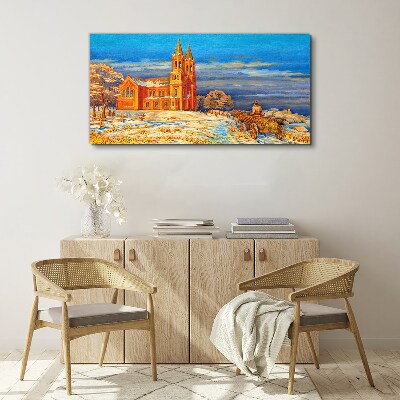 Vászonkép Téli táj templommal