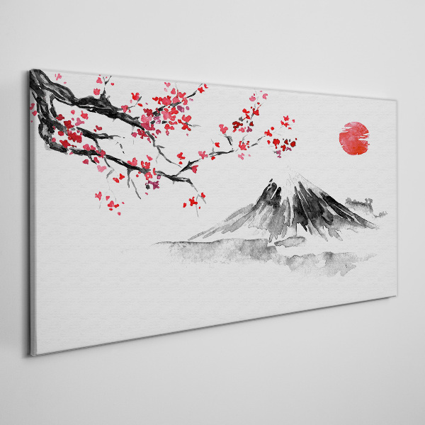 Vászonkép Cseresznyevirágok és hegyi táj