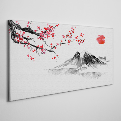 Vászonkép Cseresznyevirágok és hegyi táj