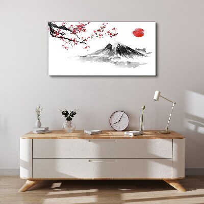 Vászonkép Cseresznyevirágok és hegyi táj