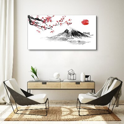 Vászonkép Cseresznyevirágok és hegyi táj