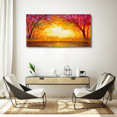 Vászonkép Naplemente egy színes erdőben