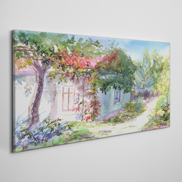 Vászonkép Nyári táj ház és a fák