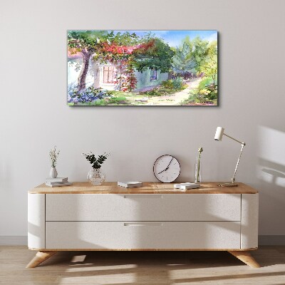 Vászonkép Nyári táj ház és a fák