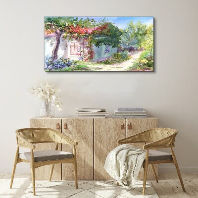 Vászonkép Nyári táj ház és a fák