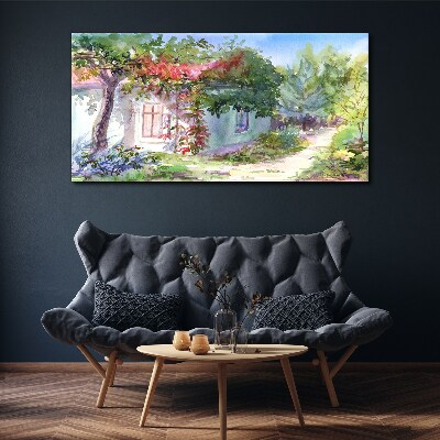 Vászonkép Nyári táj ház és a fák