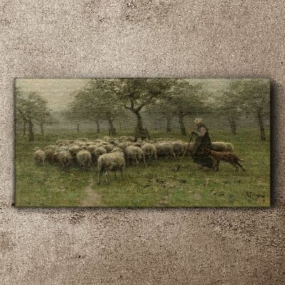 Vászonkép Birkák legelnek egy misztikus tájon