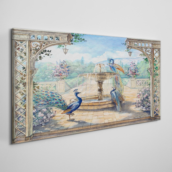Vászonkép Táj pávával és szökőkúttal