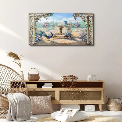 Vászonkép Táj pávával és szökőkúttal