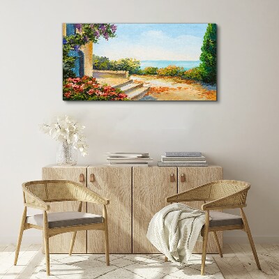 Vászonkép Tengerparti táj virágokkal