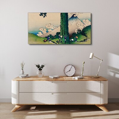 Vászonkép Japán falu vulkánnal