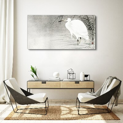 Vászonkép Fehér daru egy ködös tájon