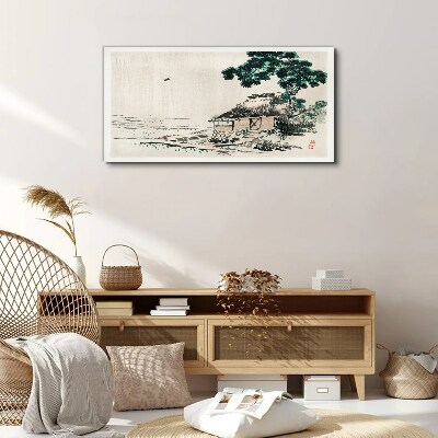 Vászonkép Békés vidéki házikó a tó mellett