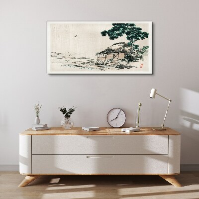 Vászonkép Békés vidéki házikó a tó mellett