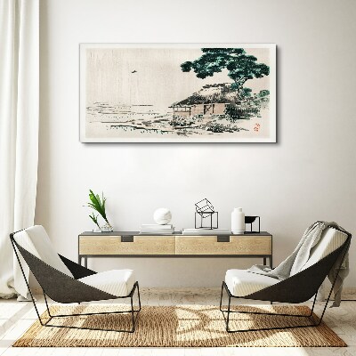 Vászonkép Békés vidéki házikó a tó mellett