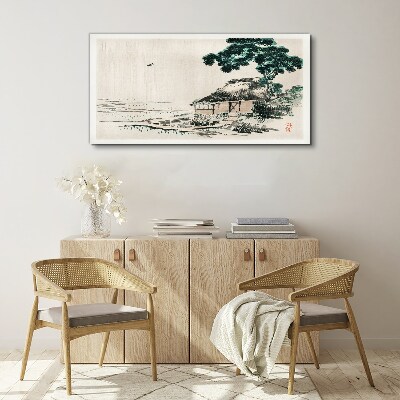 Vászonkép Békés vidéki házikó a tó mellett