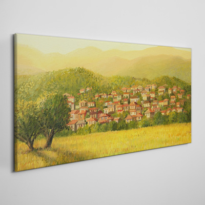 Vászonkép Napfényes falu a dombok között