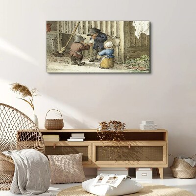 Vászonkép Gyerekek játszanak az istállóban