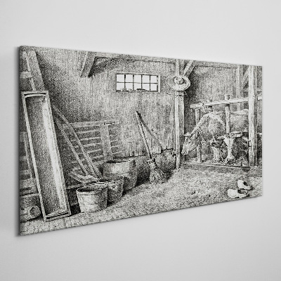 Vászonkép Karám tehenekkel és szerszámokkal