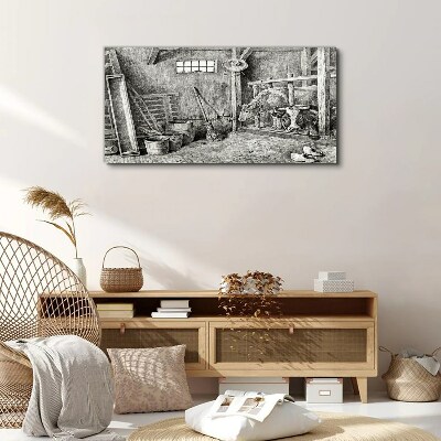 Vászonkép Karám tehenekkel és szerszámokkal