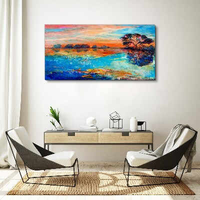 Vászonkép Naplemente a tó felett