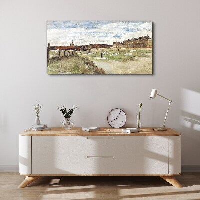 Vászonkép Táj alakokkal a város hátterében