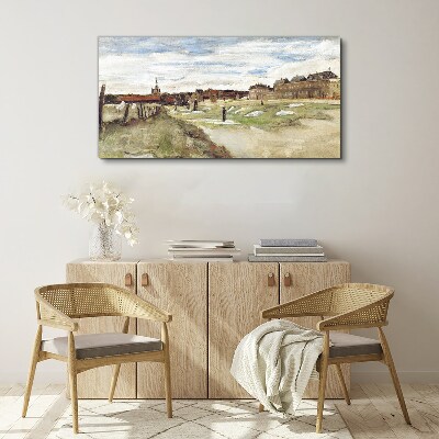 Vászonkép Táj alakokkal a város hátterében