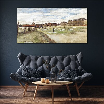 Vászonkép Táj alakokkal a város hátterében