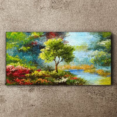 Vászonkép Tavaszi táj egy fával és virágokkal