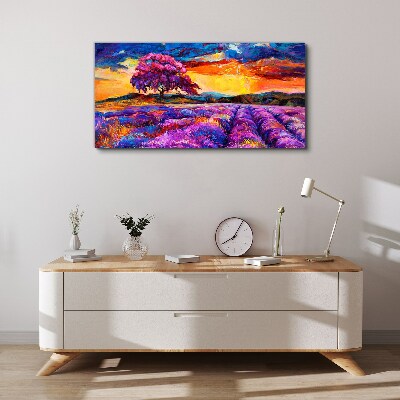 Vászonkép Lila levendulamezők naplementekor