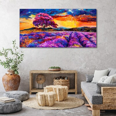 Vászonkép Lila levendulamezők naplementekor