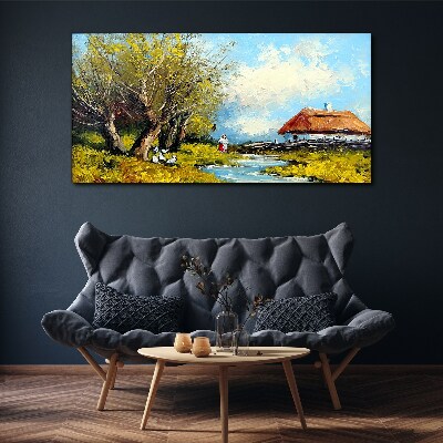 Vászonkép Vidéki táj kunyhóval és fákkal