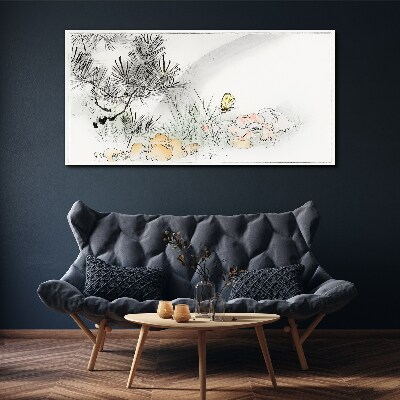 Vászonkép Virágos táj egy pillangóval