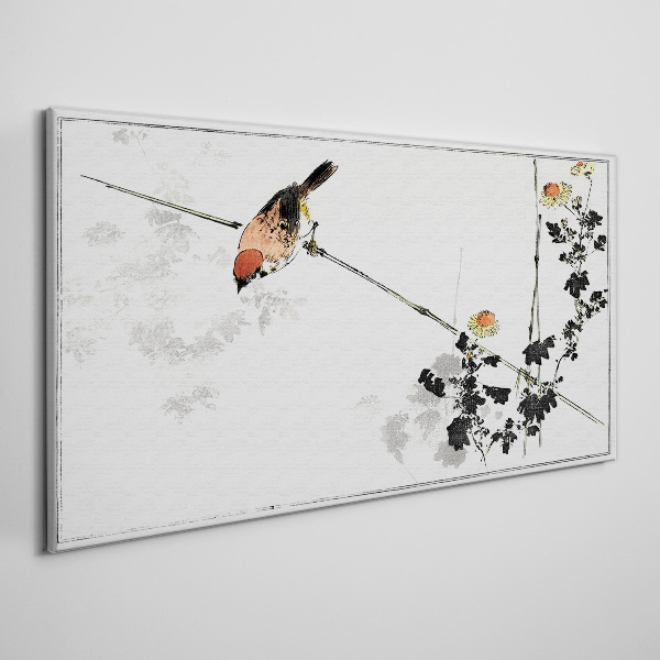 Vászonkép Madár egy ágon virágokkal
