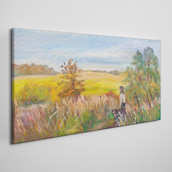 Vászonkép Nyári táj figurával és kutyával