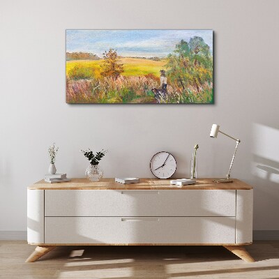 Vászonkép Nyári táj figurával és kutyával