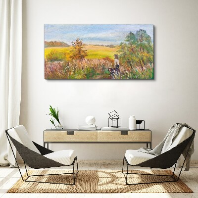 Vászonkép Nyári táj figurával és kutyával