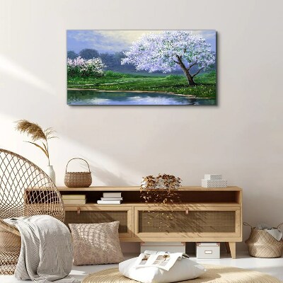 Vászonkép Tavaszi táj virágzó fákkal