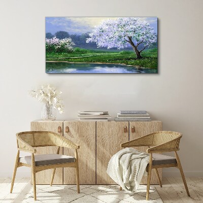 Vászonkép Tavaszi táj virágzó fákkal