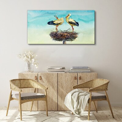 Vászonkép Gólyák a fészken a kékben