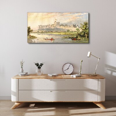 Vászonkép Pasztell színekben pompázó kastély a folyó mellett