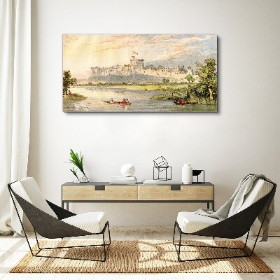 Vászonkép Pasztell színekben pompázó kastély a folyó mellett