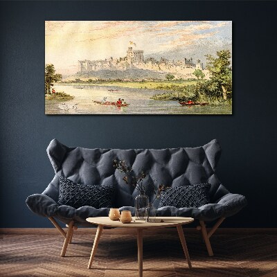 Vászonkép Pasztell színekben pompázó kastély a folyó mellett