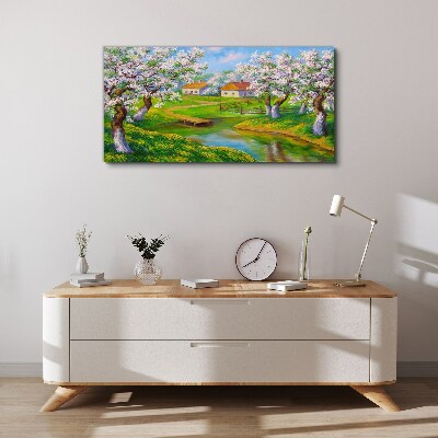 Vászonkép Tavaszi táj virágzó fákkal