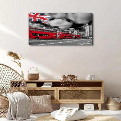 Vászonkép Vörös londoni buszok az Egyesült Királyság zászlójával